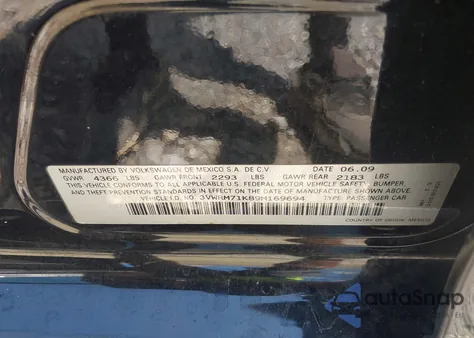 2009 Volkswagen Jetta Se из США, поврежденный, VIN 3VWRM71K89M169694